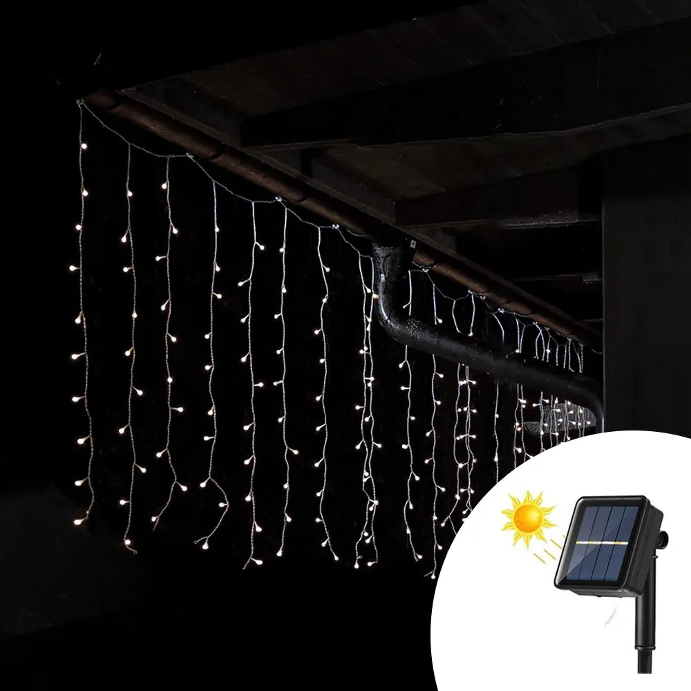 Tenda luminosa decorativa con pannello solare 3 metri 114 Led Bianco Freddo altezza 60cm da esterno Wisdom