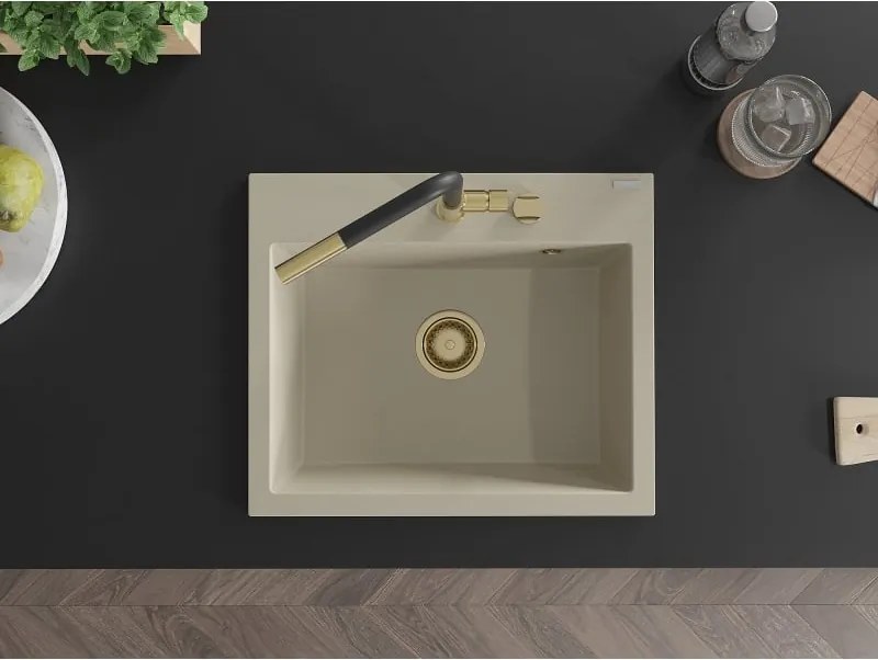 Mexen Oscar lavello da cucina in granito 1 vasca 580 x 490 mm, beige, sifone dorato - 6519581000-69-G