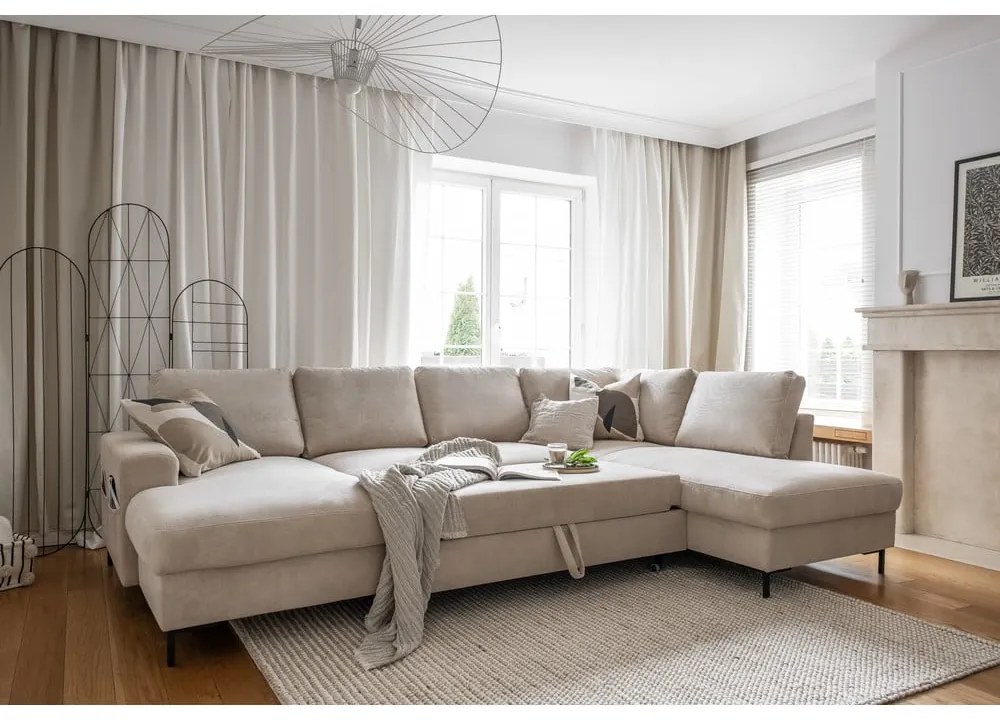 Divano letto angolare in velluto a coste beige (angolo destro) Lofty Lilly - Miuform