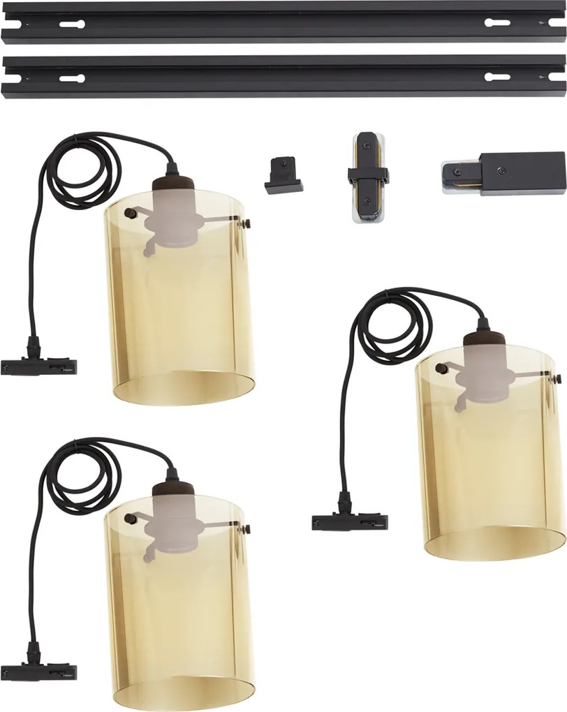 Sistema di illuminazione a binario moderno nero con 3 lampade a sospensione in vetro ambrato monofase - Iconic Dome
