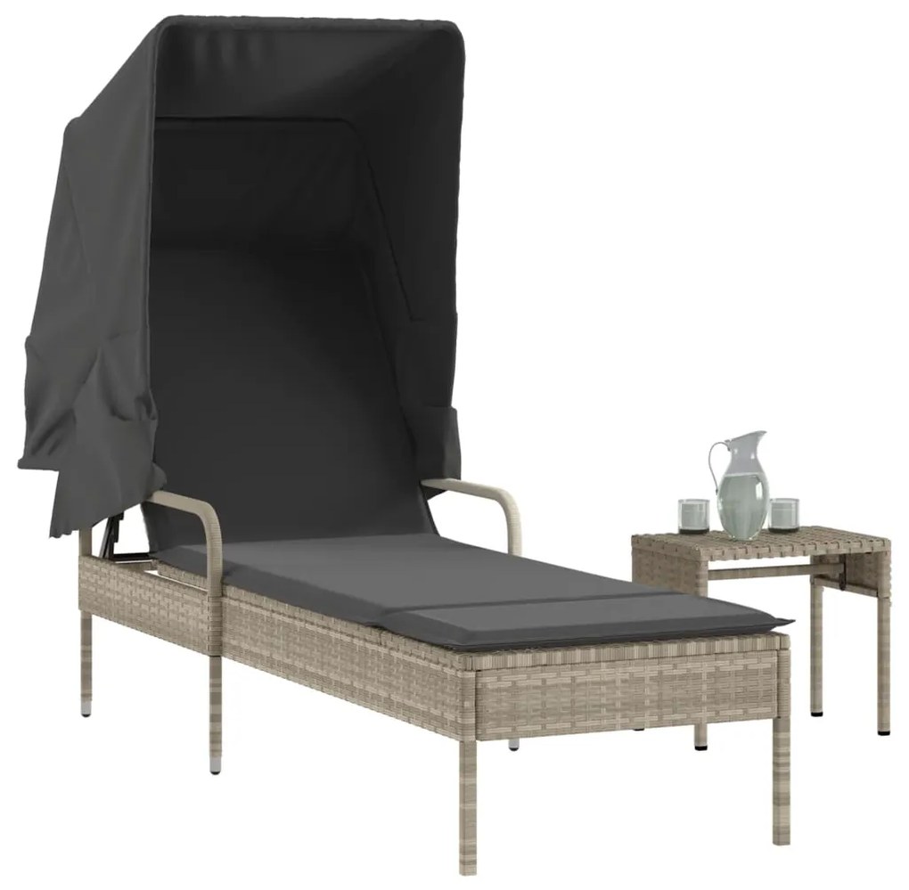 Lettino Con Baldacchino E Tavolino Grigio Chiaro İn Polyrattan /