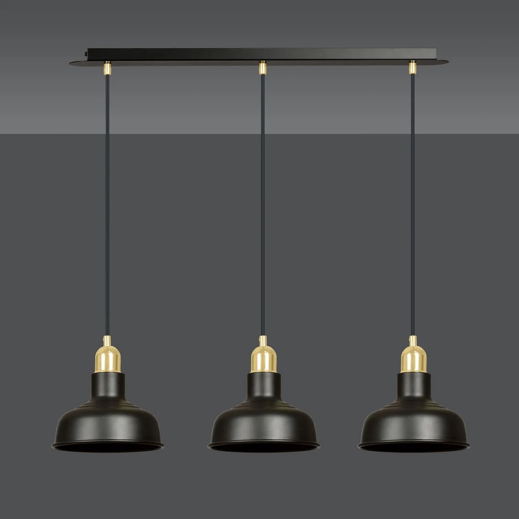 Lampadario Industrial 3 Luci Ibor In Acciaio Nero Con Elementi In Oro