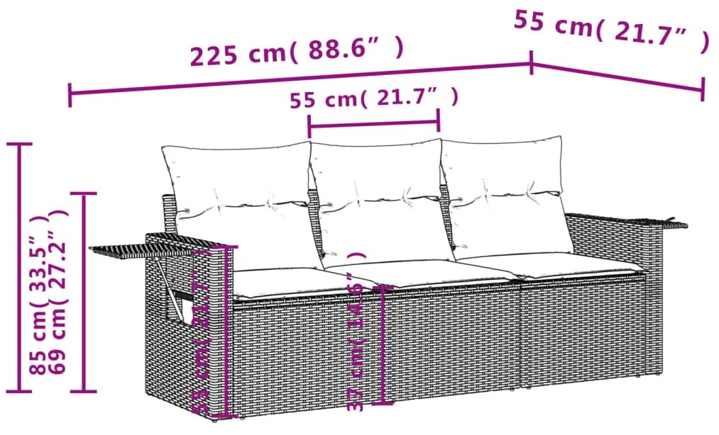 Set divani da giardino 3 pz con cuscini in polyrattan nero