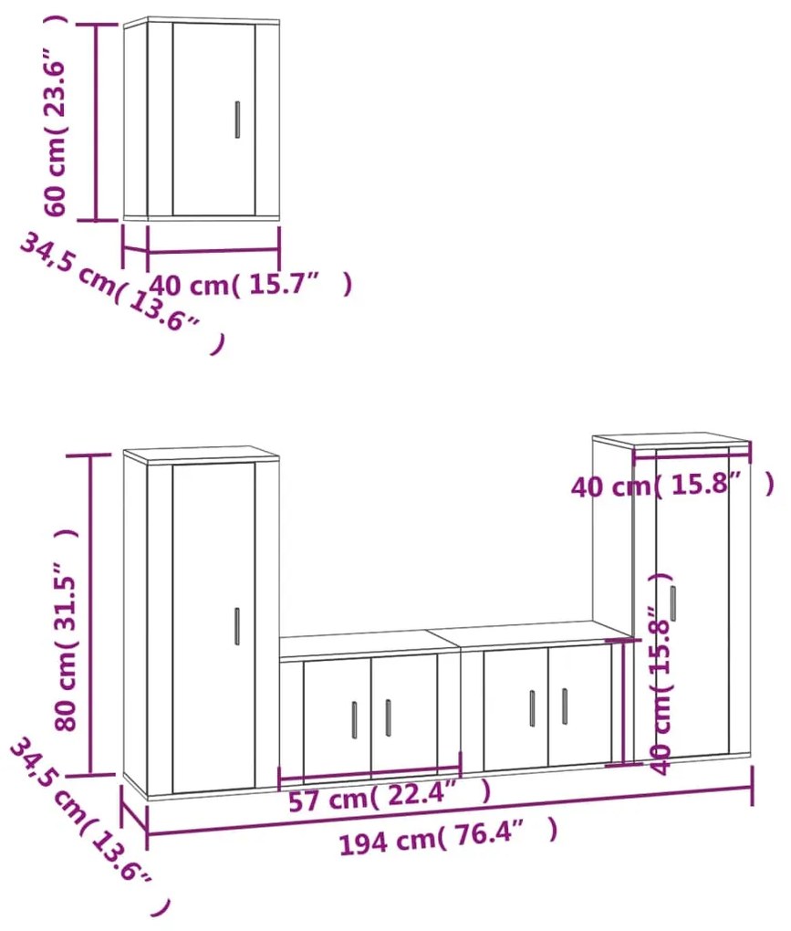 Set di mobili porta tv 5 pz bianco lucido in legno multistrato