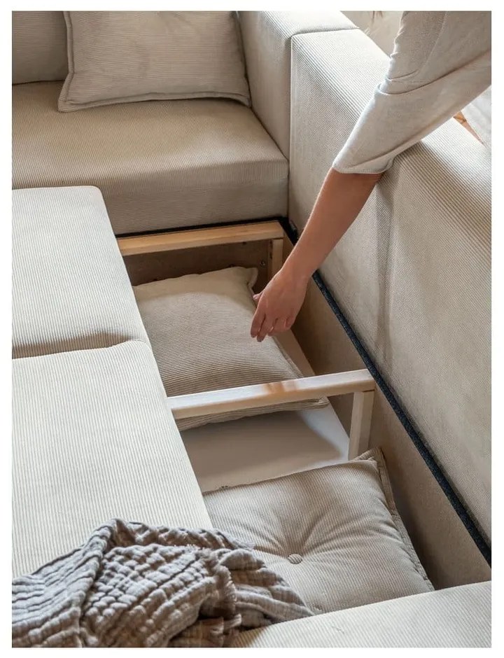 Divano letto angolare in velluto a coste beige (variabile) Lazy Lukka - Miuform