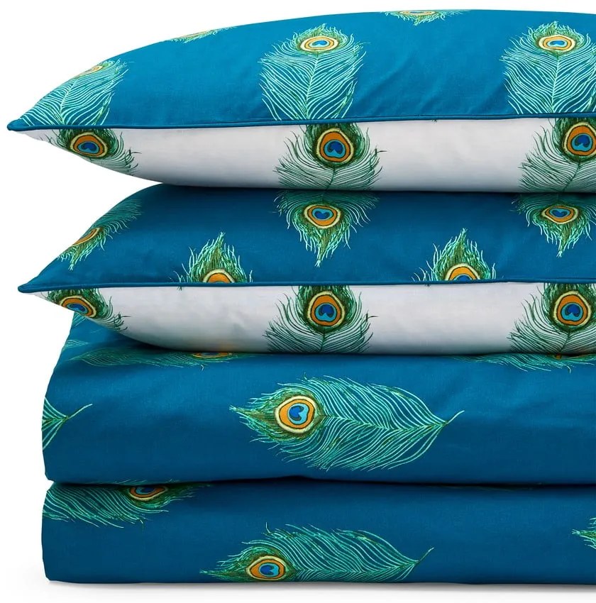 Set copripiumino e federa bianco e color foglia di tè in cotone per letto matrimoniale e per letto esteso 230x220 cm Peacock Feather – Their Nibs