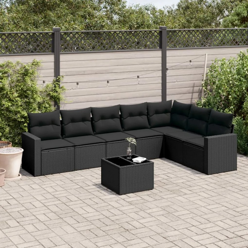 Set divani da giardino con cuscini 8 pz nero in polyrattan