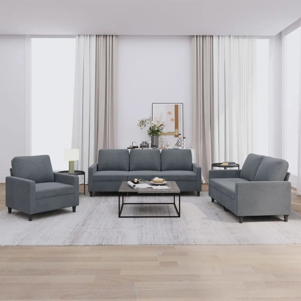 Set Di Divani 3 Pz Con Cuscini Grigio Scuro İn Velluto /