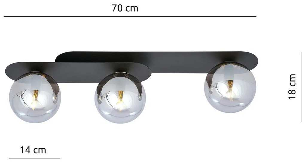 Plafoniera Minimal 3 Luci Teia In Acciaio Nero E Sfere Vetro Fumè