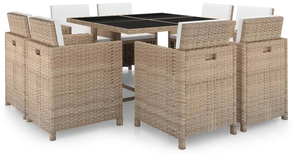 Set da pranzo da giardino 9 pz con cuscini in polyrattan beige