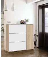 Scarpiera Provo, Armadio portascarpe a 4 ante, Mobile basso multiuso con 5 ripiani, Scarpiera moderna, cm 106x22h115, Rovere e Bianco