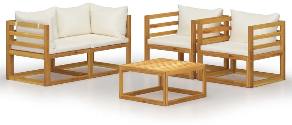 Set divani da giardino 5 pz con cuscini crema massello acacia