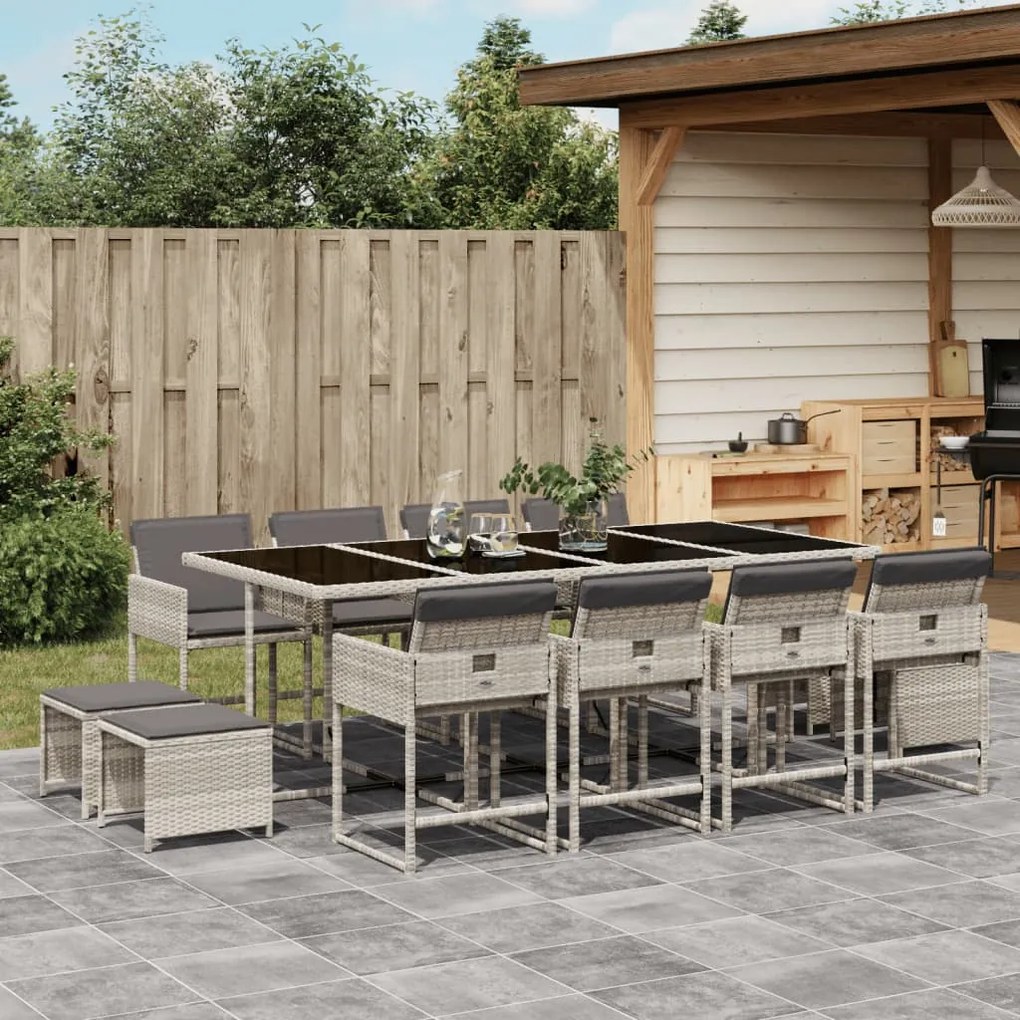 Set da pranzo da giardino 13pz con cuscini grigio in polyrattan