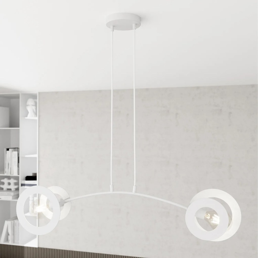 Lampadario 2 Luci Crono Acciaio Bianco A Bracci E Diffusori A Doppio Cerchio