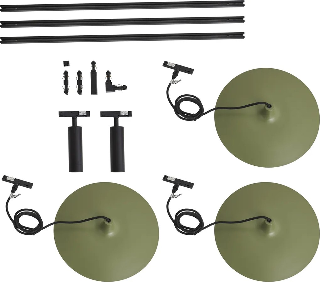 Sistema di illuminazione a binario moderno nero con 2 faretti e 3 lampade a sospensione verdi monofase - Slimline Uzzy Panzi