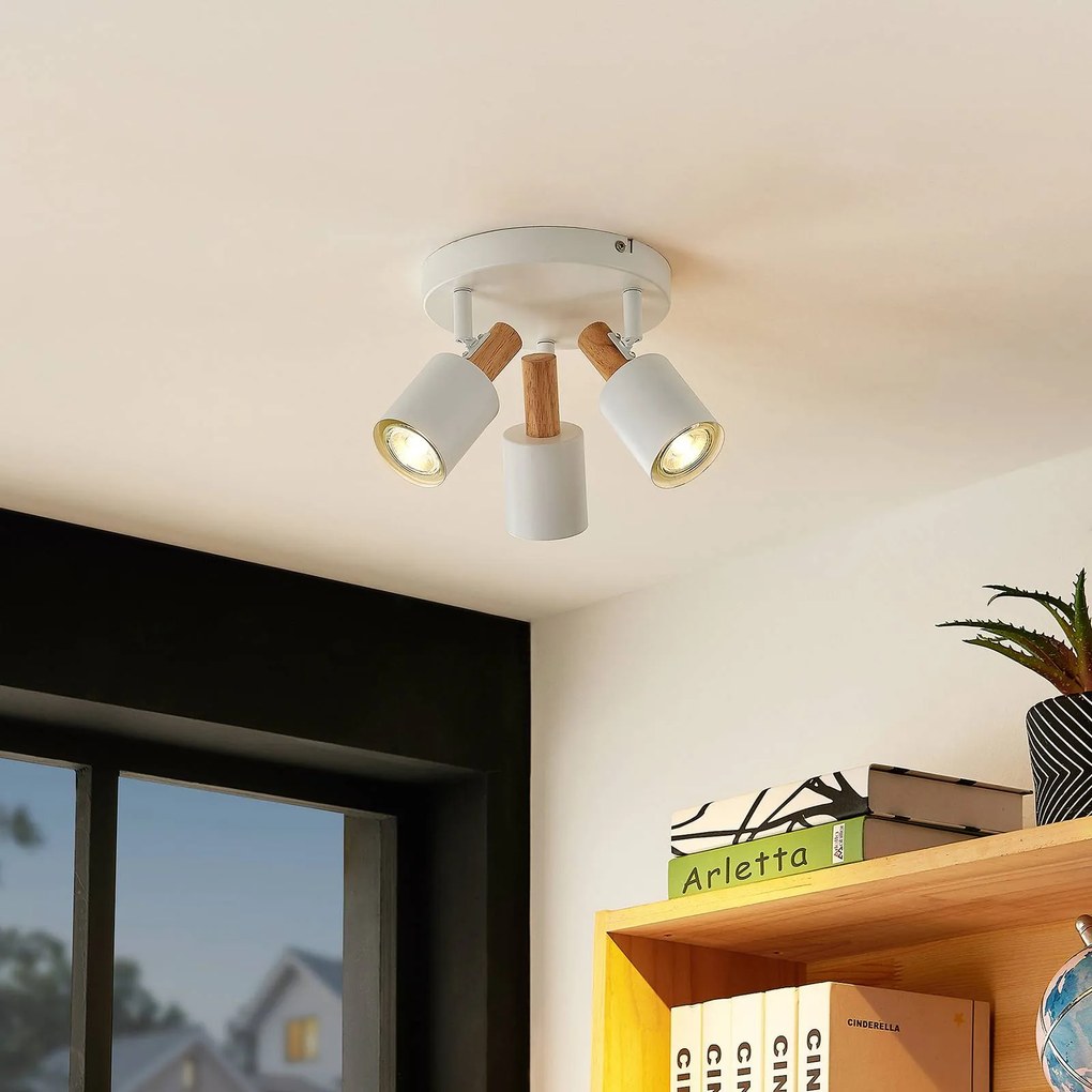 Lindby fatto da soffitto Junes, a 3 luci, Ø 30 cm, bianco, legno