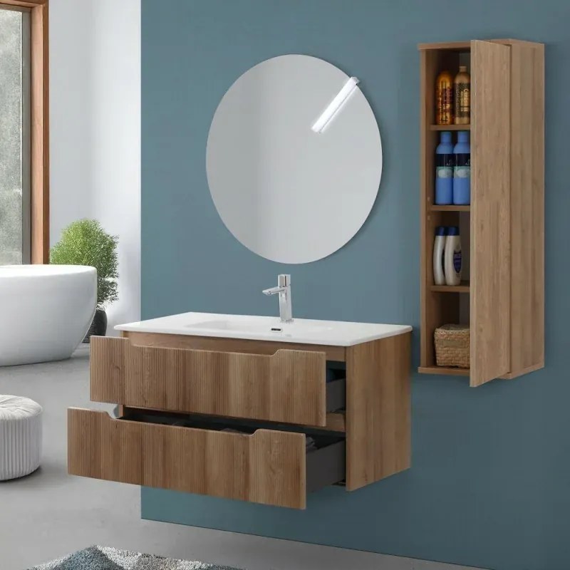Colonna bagno sospesa 33 cm rovere cannettato con ripiani Wise