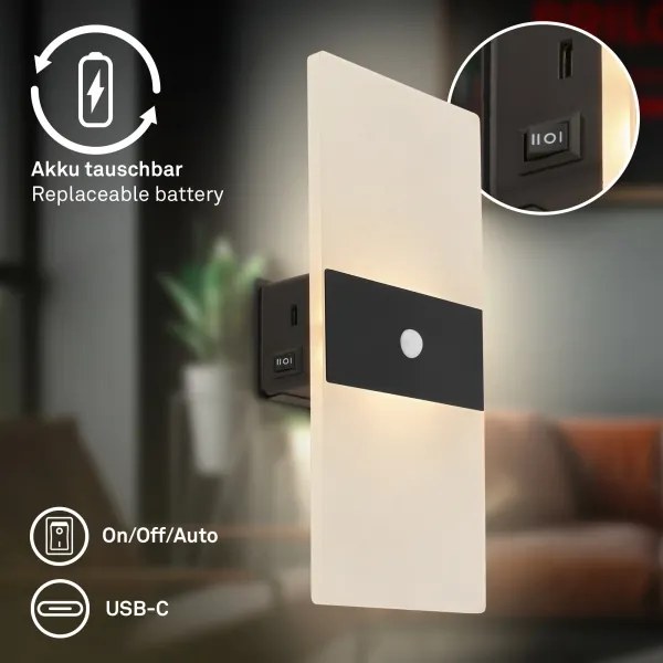 Briloner 3888015 - Lampada da parete ricaricabile LED con sensore AURA LED/2,5W/5V 1800 mAh nera