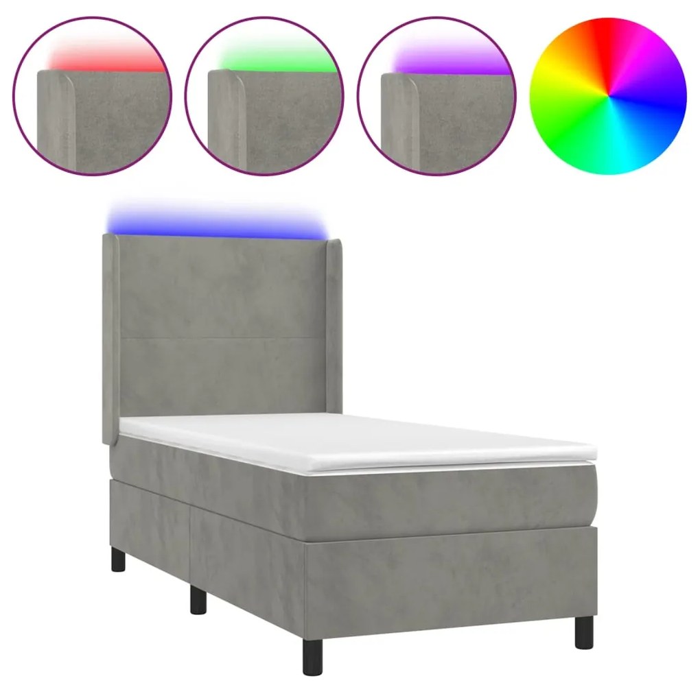 Letto a Molle Materasso e LED Grigio Chiaro 80x200 cm Velluto