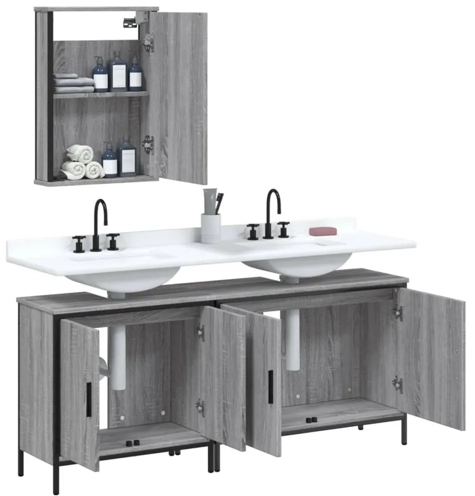 Set mobili da bagno 3 pz grigio sonoma in legno multistrato