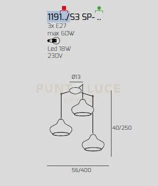 Sospensione bianco 3 luci spostabile vetri (1 x piccolo am + 1 x pi...