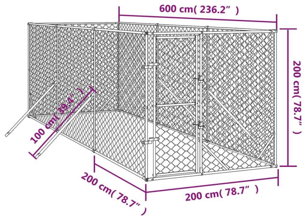 Cuccia per cani da esterno argento 2x6x2 m acciaio zincato