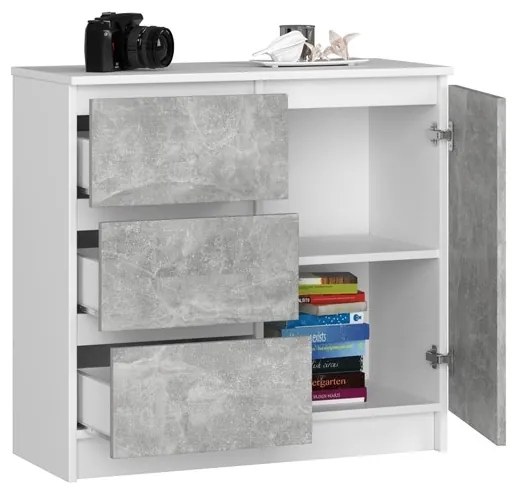 Cassettiera Credenza 80 Cm 3 Cassetti 1 Anta Artika Bianco E Cemento