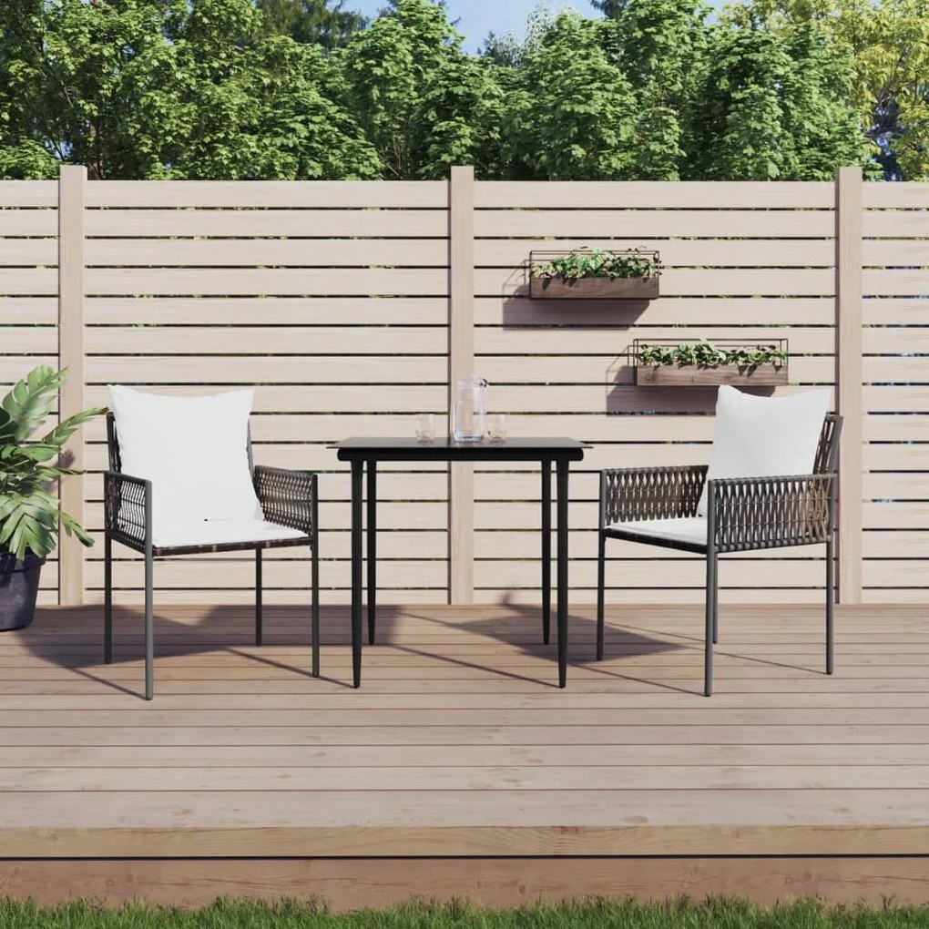 Set pranzo da giardino 3pz con cuscini in polyrattan e acciaio