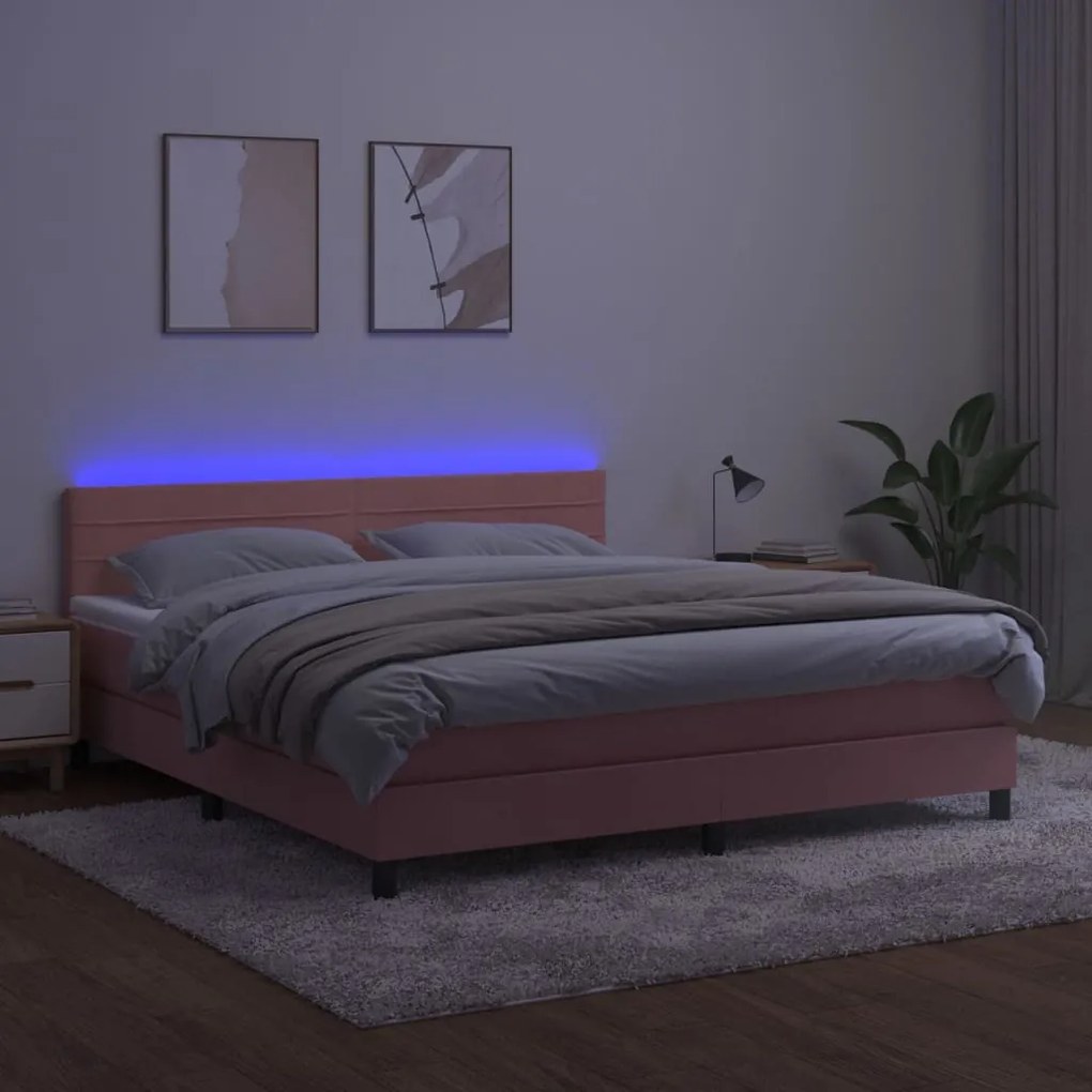 Letto a molle con materasso e led rosa 180x200 cm in velluto