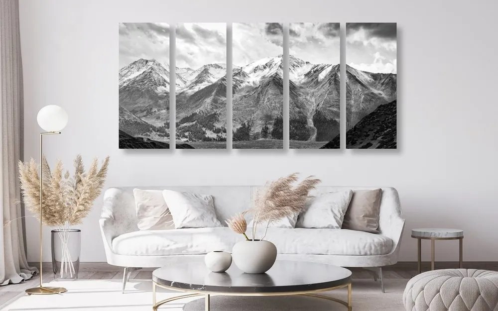 Quadri 5 pezzi – Splendido panorama montano in bianco e nero