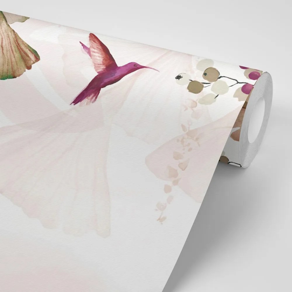 Carta da parati – Foglie con Colibrì in Marrone-Rosa