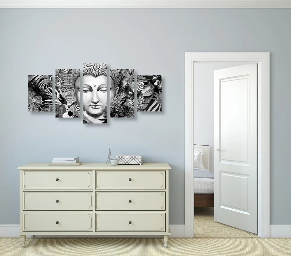 Quadri 5 pezzi – Buddha su sfondo esotico in bianco e nero