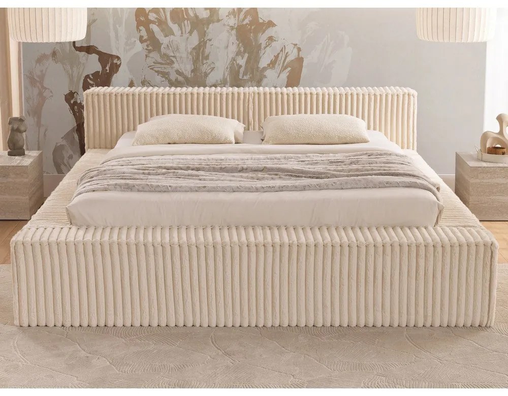 Letto matrimoniale imbottito beige con contenitore e rete inclusi 140x200 cm Cloe – Ropez