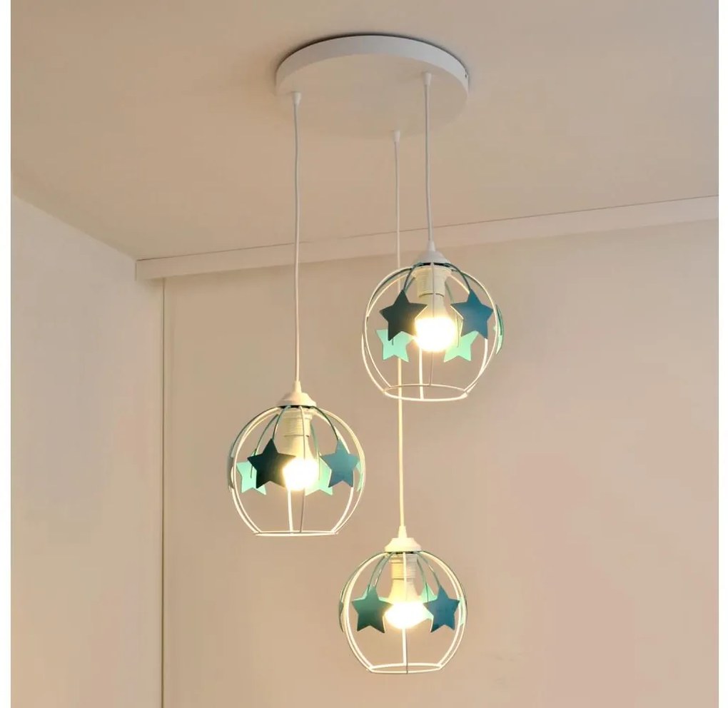 Lampadario a sospensione per bambini STARS 3xE27/15W/230V turchese/bianco