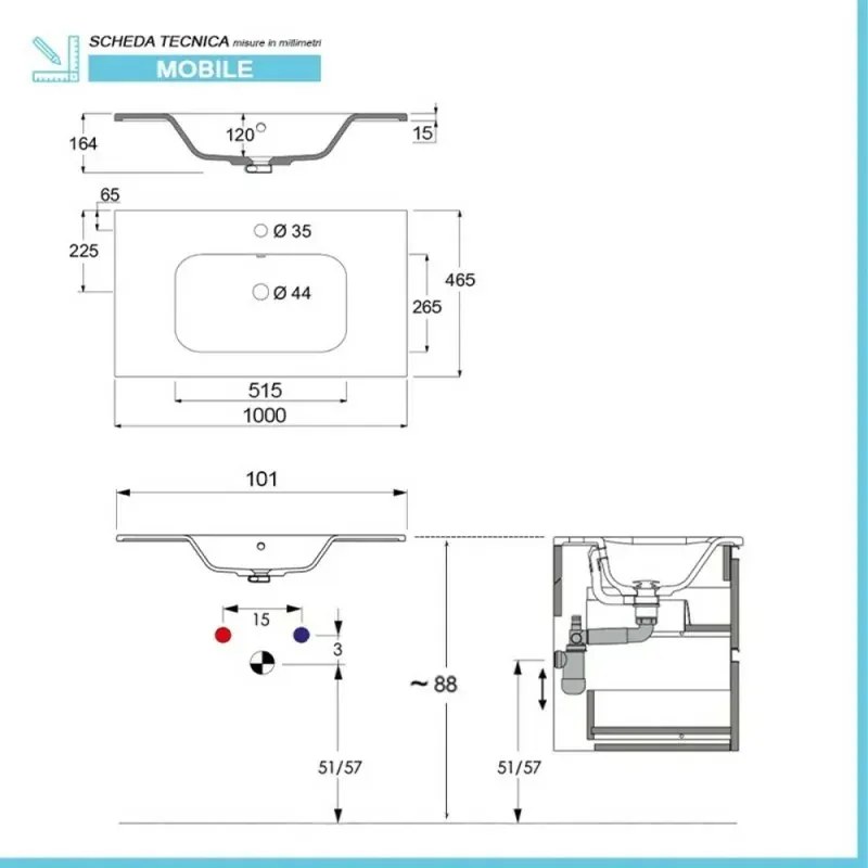 Mobile bagno sospeso 100 cm in legno bianco lucido 2 cassettoni con lavabo e specchio Leda