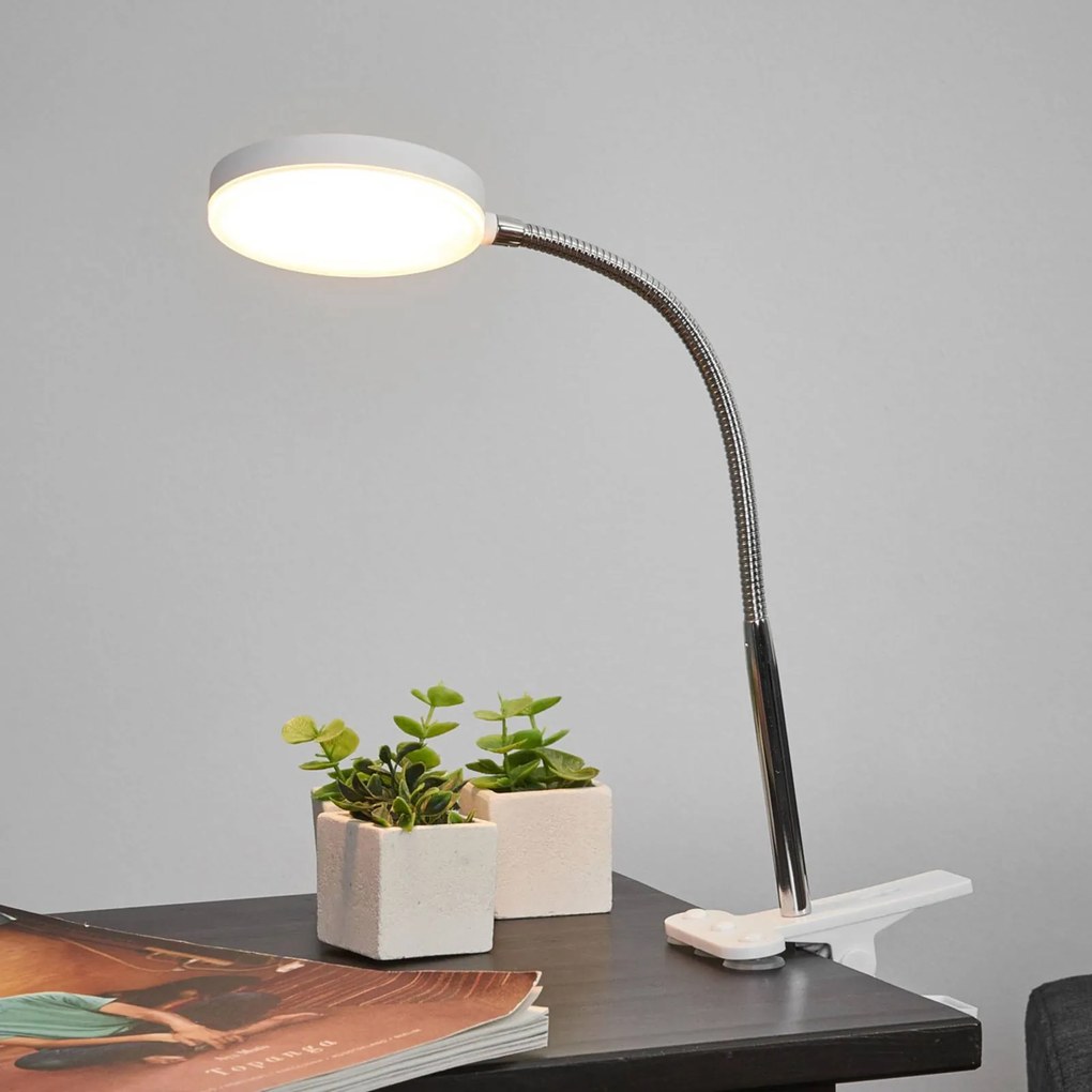 Lindby Lampada con morsetto da tavolo Milow, bianco, metallo, altezza 36 cm