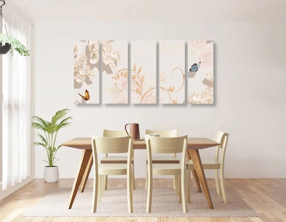 Quadri 5 pezzi – Natura morta vintage con farfalla