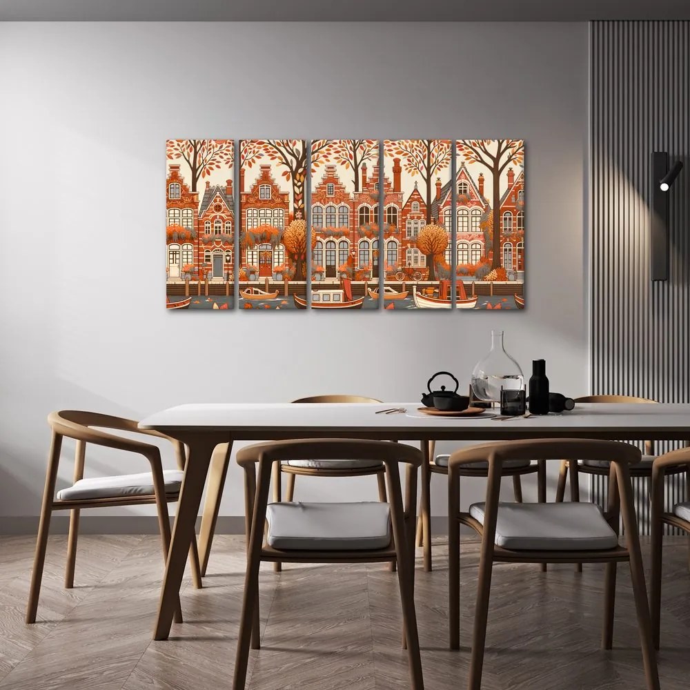 Quadri 5 pezzi – Autunno lungo il canale con case storiche