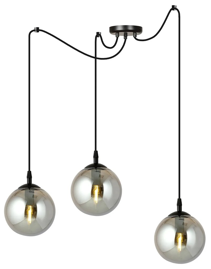 Lampadario 3 Luci Ginevra In Acciaio Nero Con Cavo Lungo E Vetri Fumè
