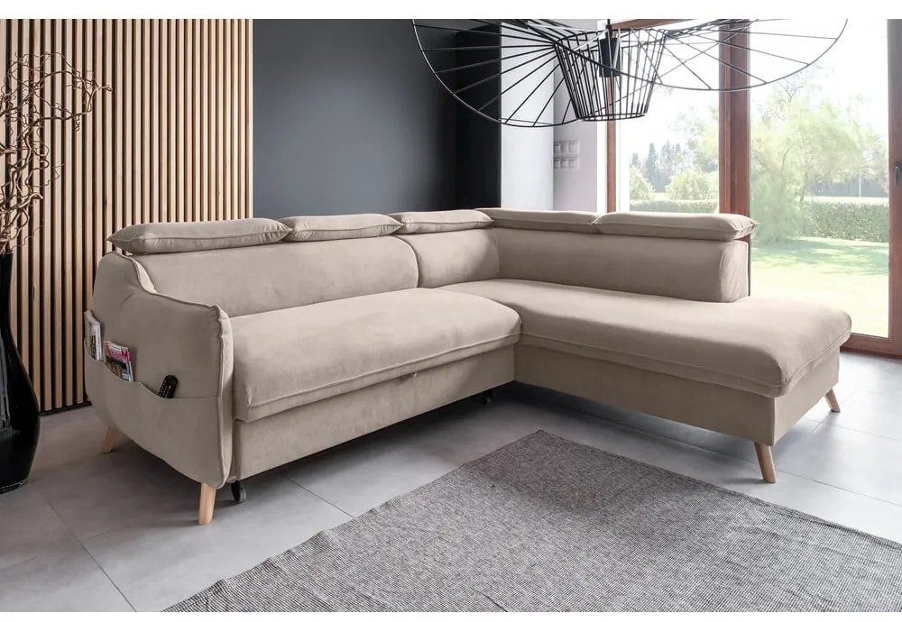 Divano letto angolare in velluto beige (angolo destro) Sweet Harmony - Miuform