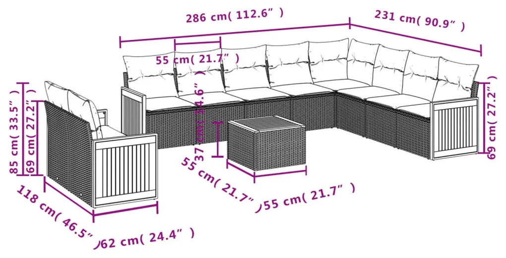 Set divani da giardino 11 pz con cuscini in polyrattan grigio