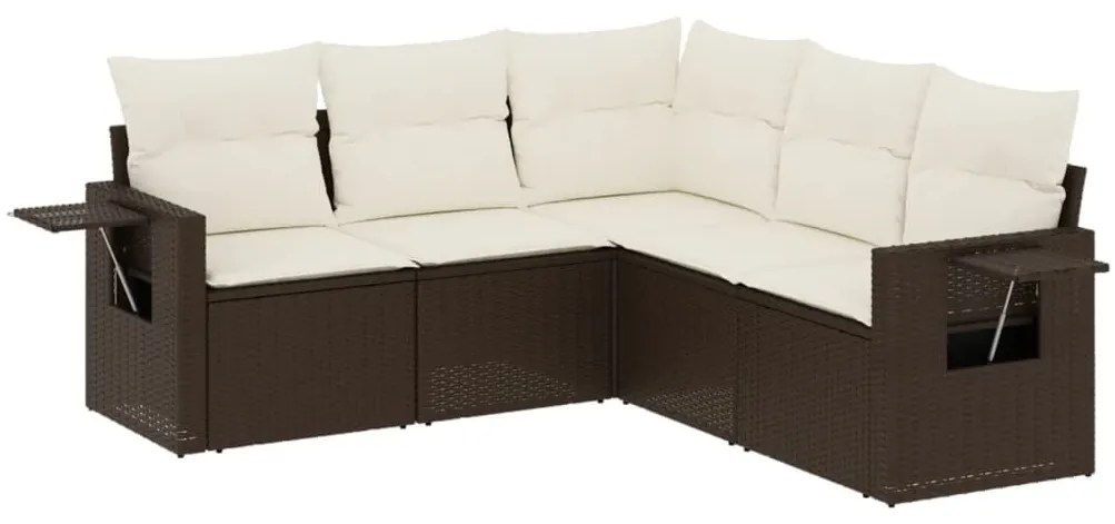 Set Divano da Giardino 5 pz con Cuscini Marrone in Polyrattan