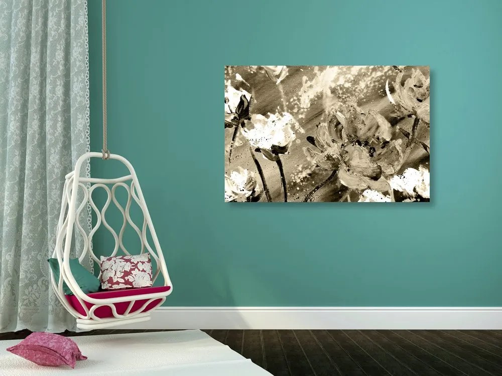 Quadro su tela – Fiori dipinti in versione seppia