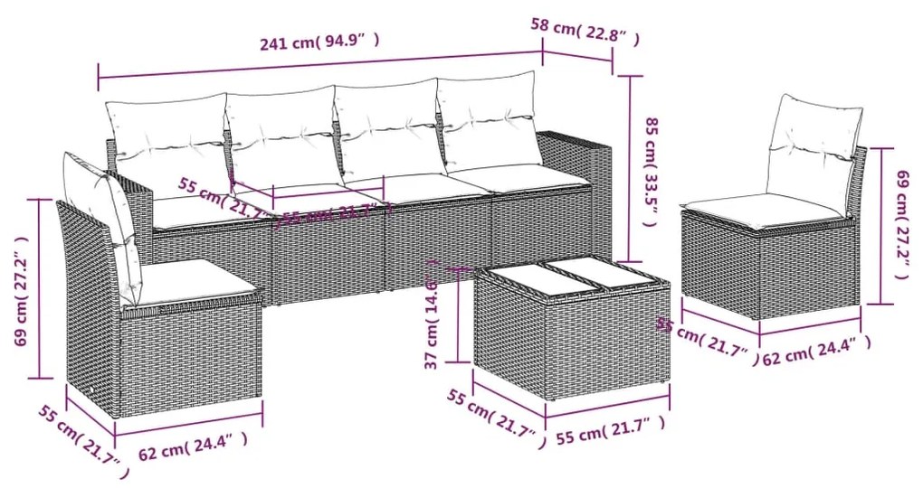 Set divani da giardino 7 pz con cuscini beige in polyrattan