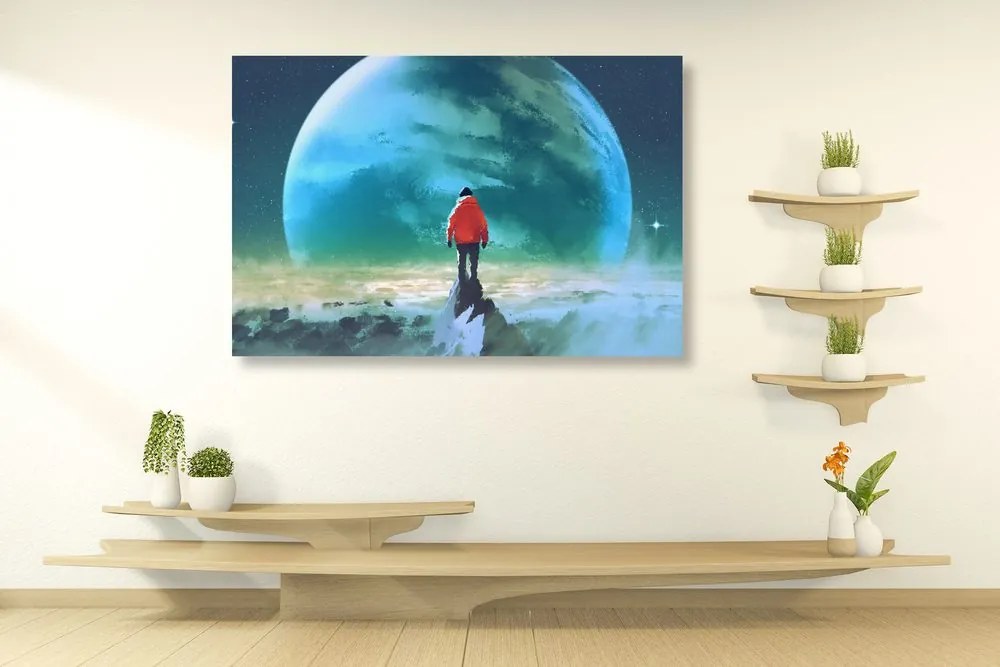 Quadro su tela – Uomo sulla cima della montagna