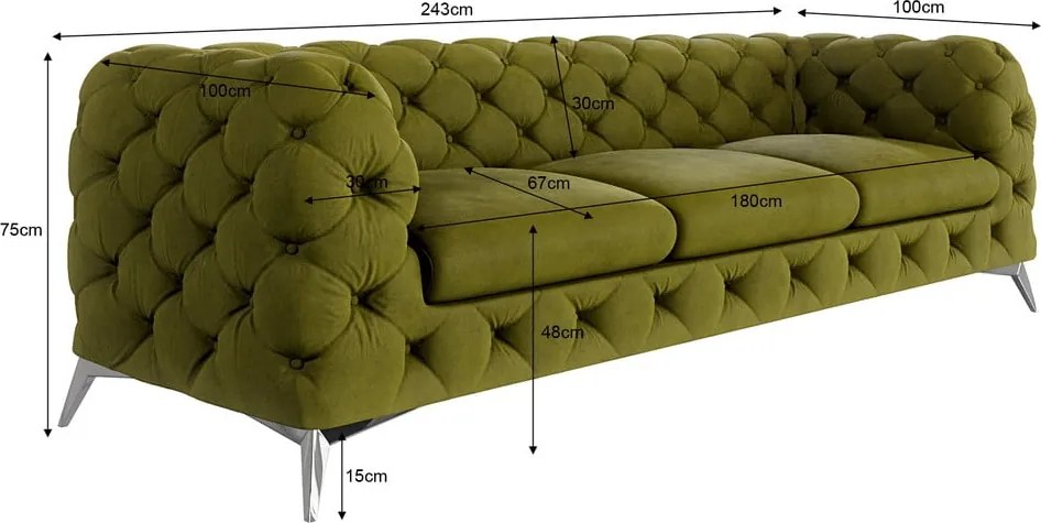 Divano verde con rivestimento in velluto 243 cm Chelsea – Ropez