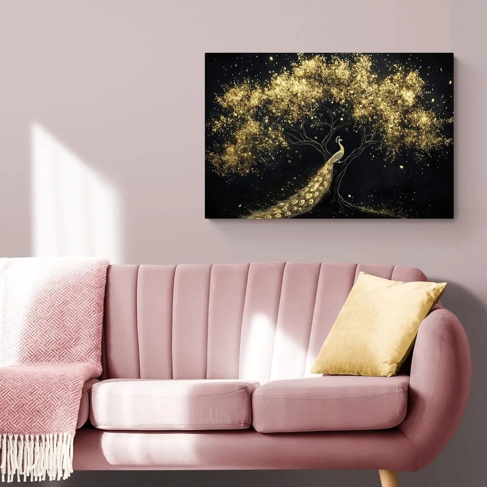 Quadro su tela – Pavone dorato sull'albero