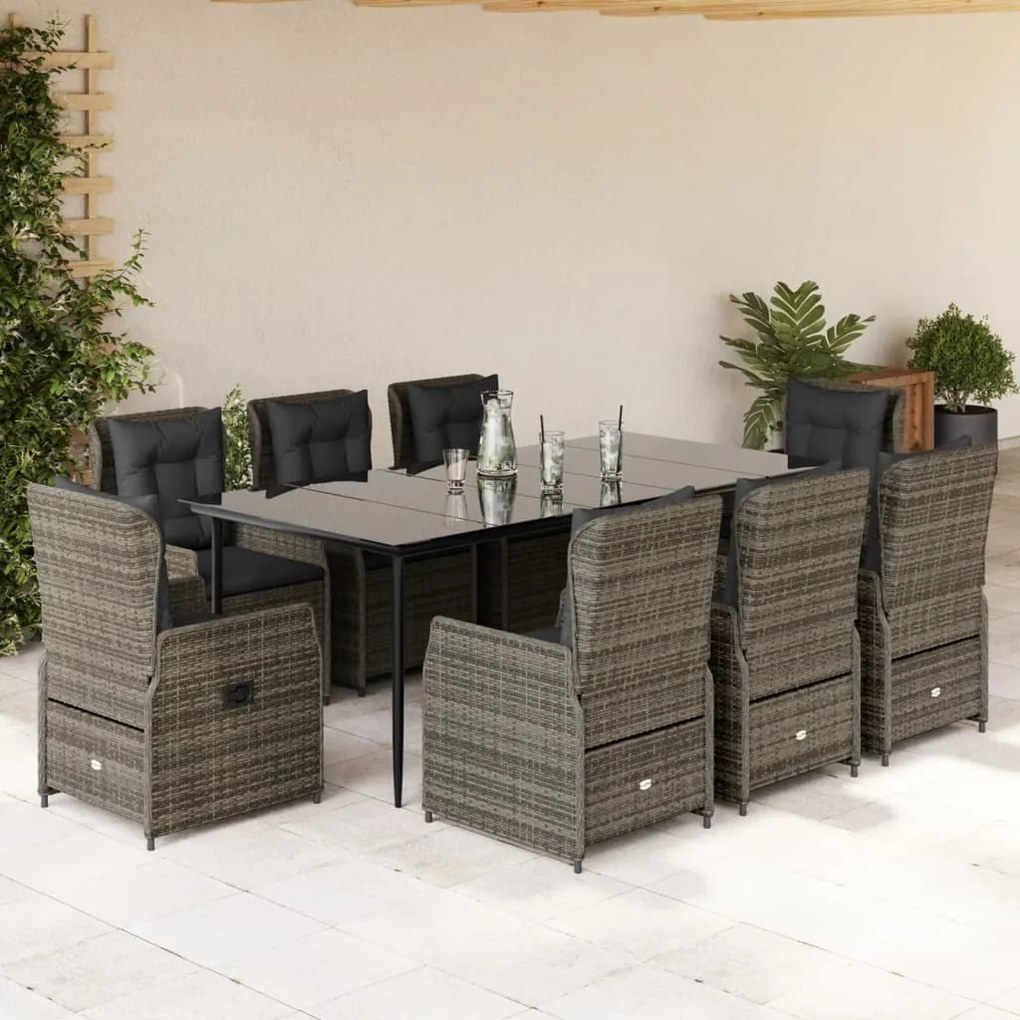 Set da pranzo da giardino 9 pz con cuscini in polyrattan grigio