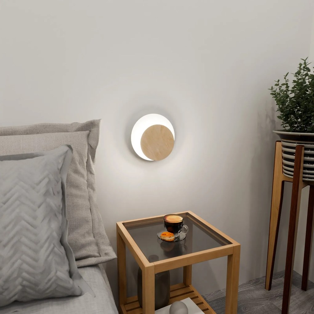 Applique 1 Luce A Disco Con Base In Acciaio Bianco E Legno Naturale