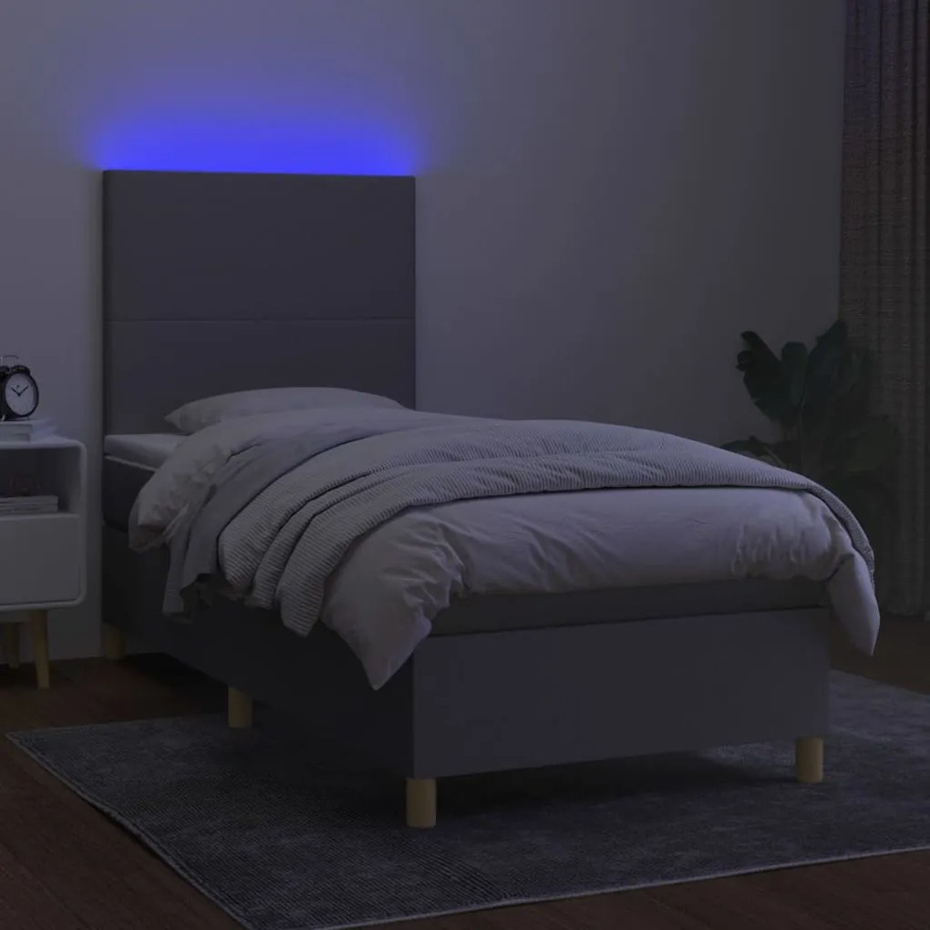 Letto a molle materasso e led grigio chiaro 90x200 cm tessuto